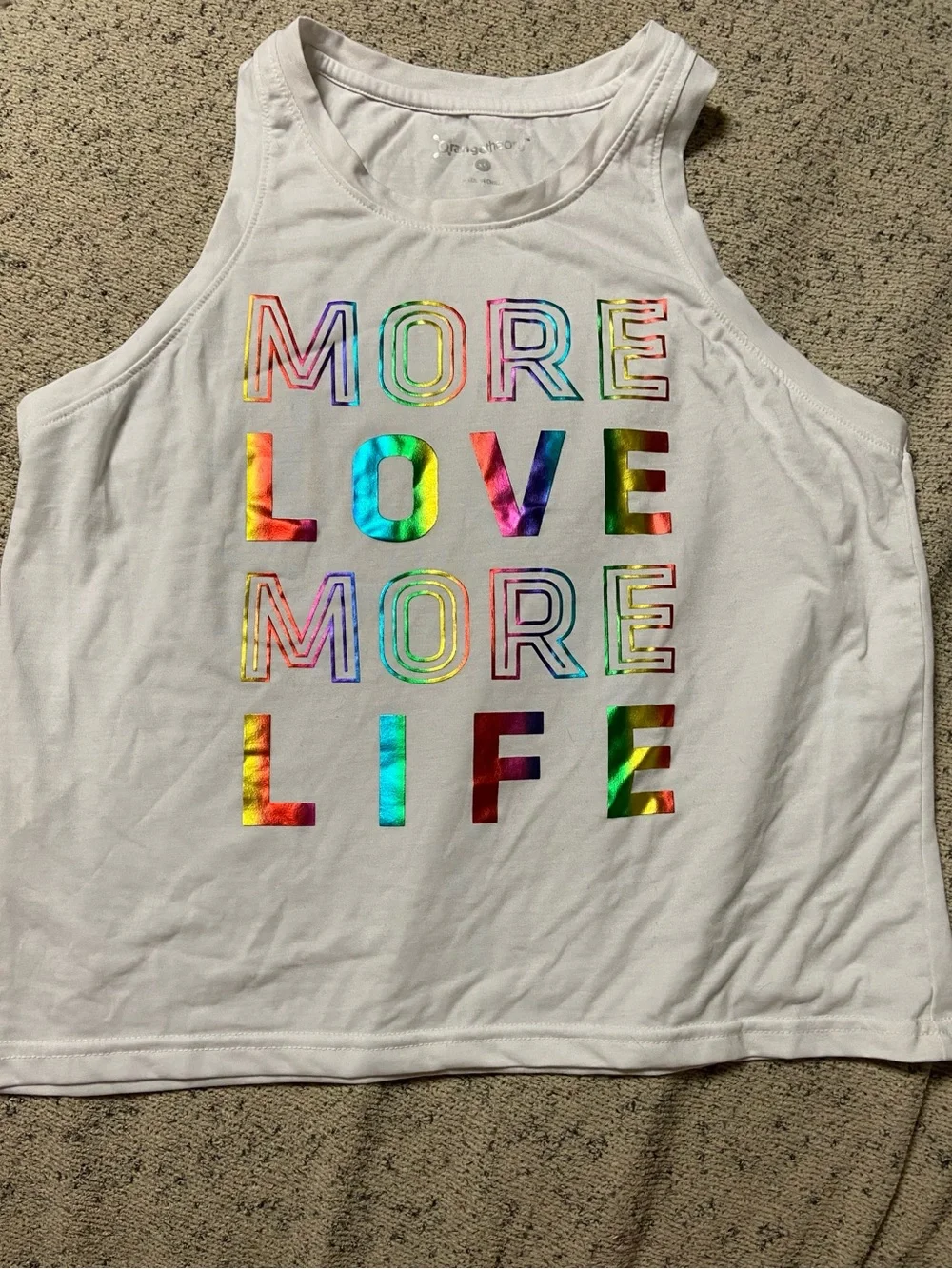 Orangetheory White Tank with Iridescent Rainbow 'MORE LOVE MORE LIFE' Graphic